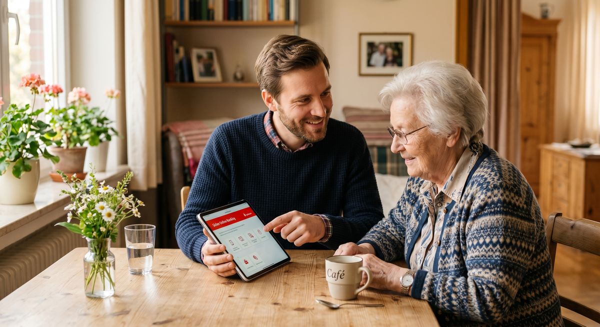 Freundlicher Helfer erkl&auml;rt einer Seniorin das Tablet